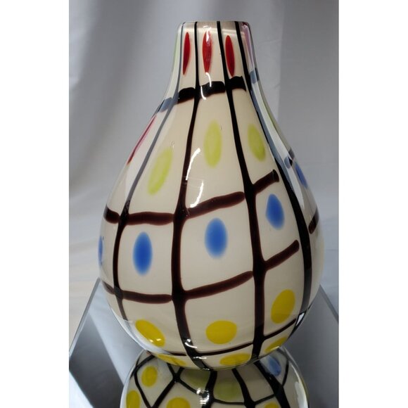 Vintage Blown Art Glass Vase Spotted Heavy Grid Pattern Design - Picture 1 of 5